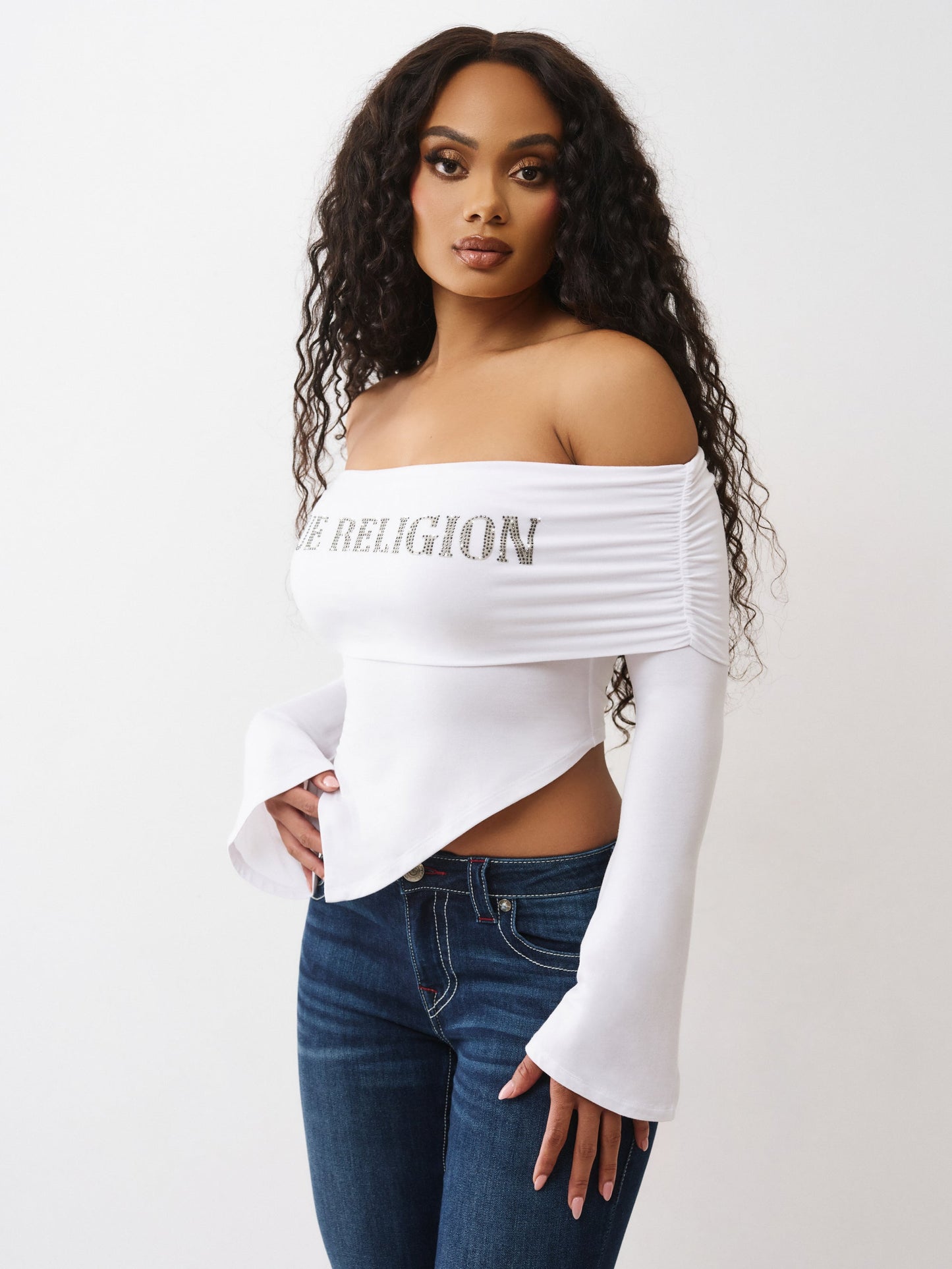 True Religion T-Shirt Printed Crystal Asym Off Shoulder Optic White