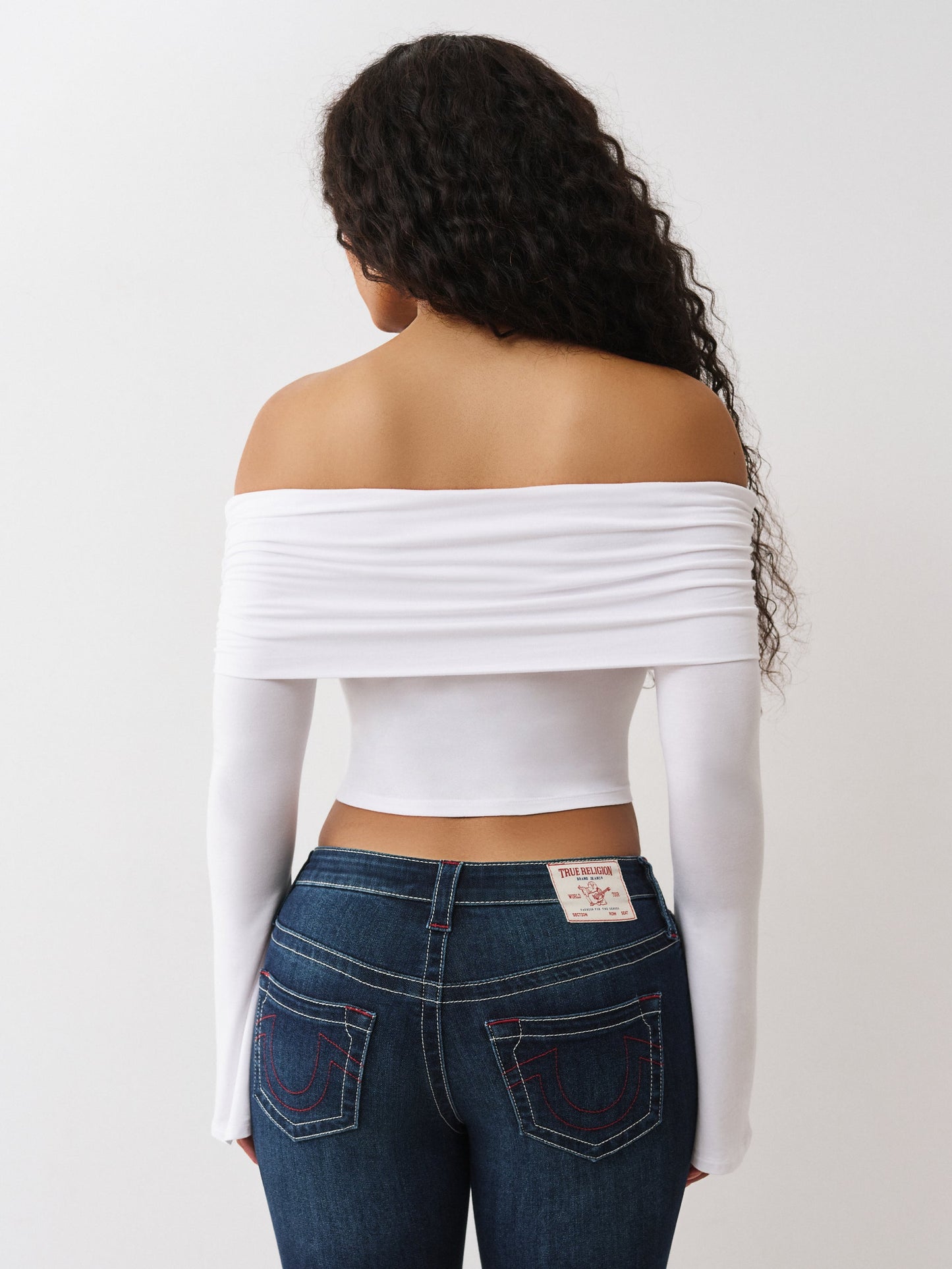 True Religion T-Shirt Printed Crystal Asym Off Shoulder Optic White