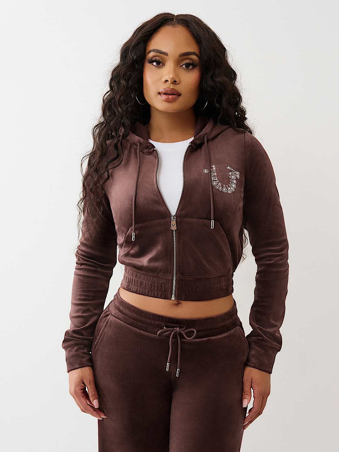 True Religion Hoodie Crystal Velour Zip Fudge