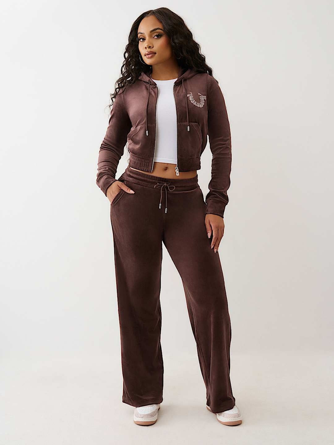 True Religion Hoodie Crystal Velour Zip Fudge