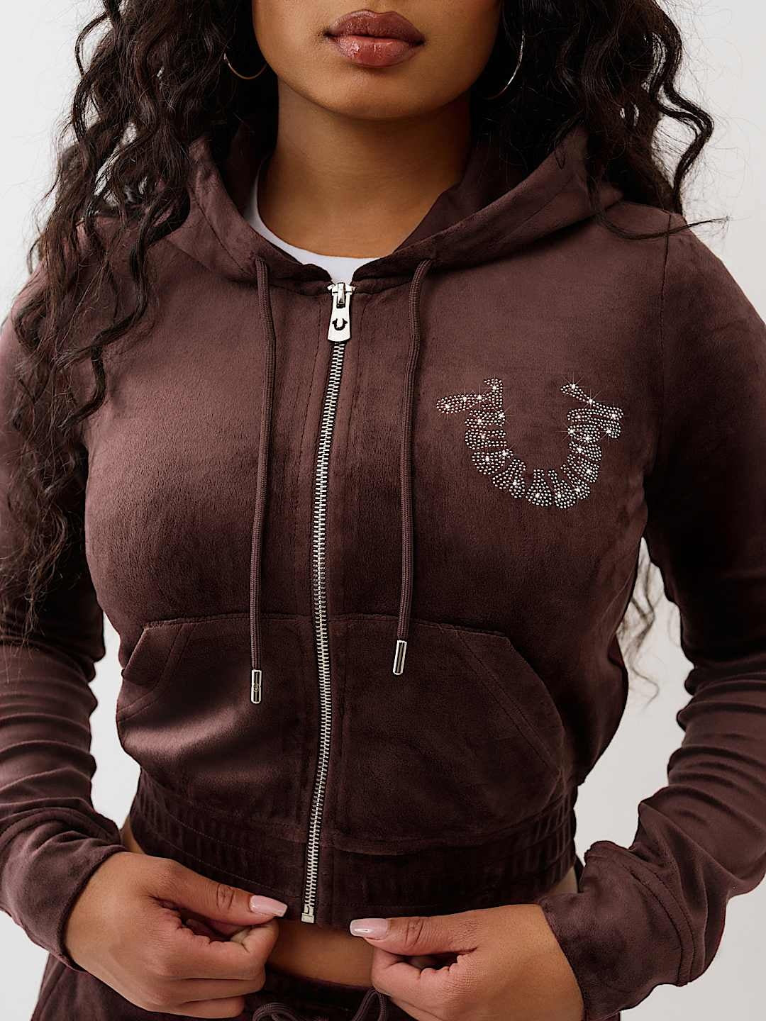 True Religion Hoodie Crystal Velour Zip Fudge