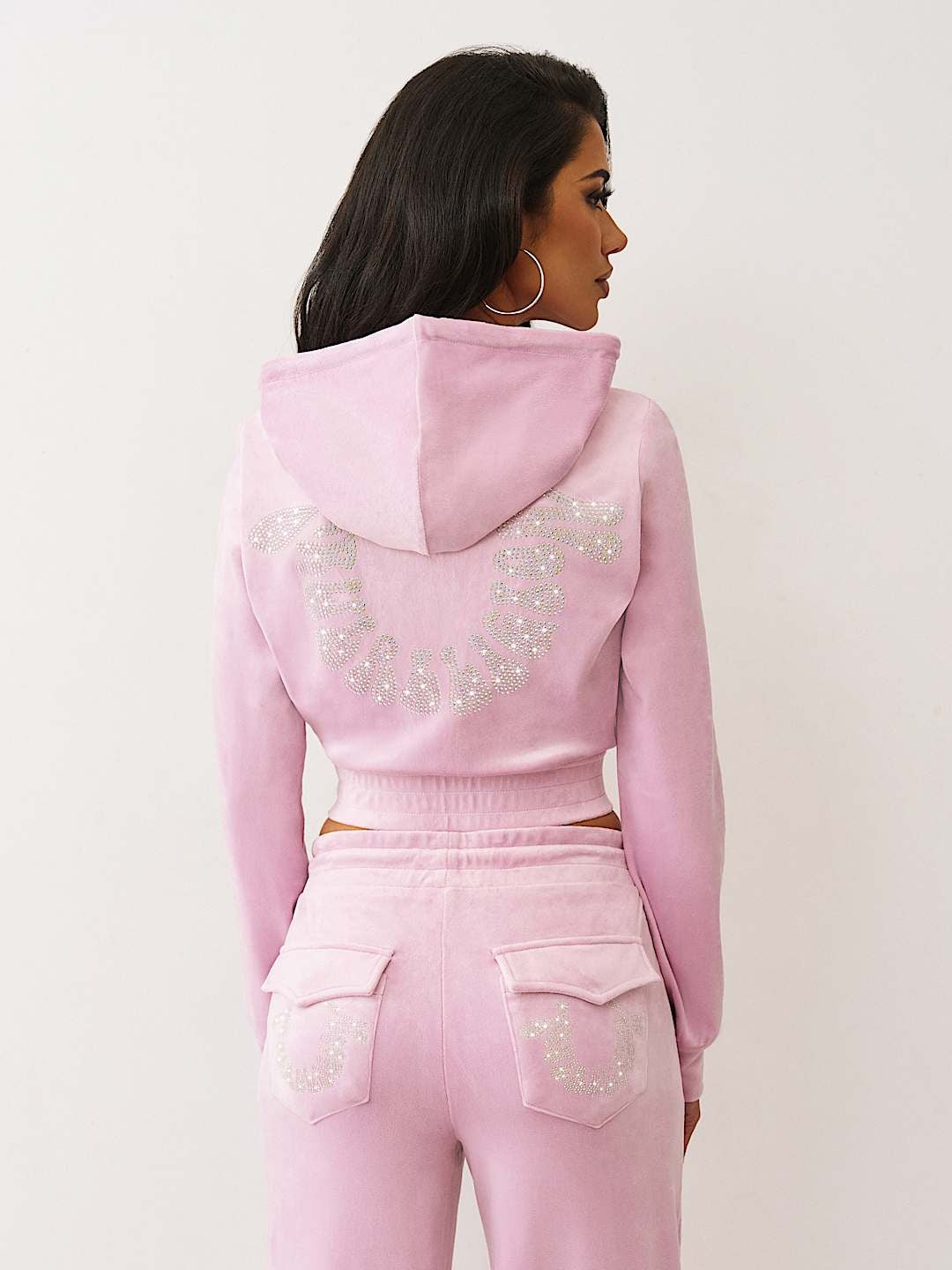 True Religion Hoodie Crystal Velour Zip Mauve Mist