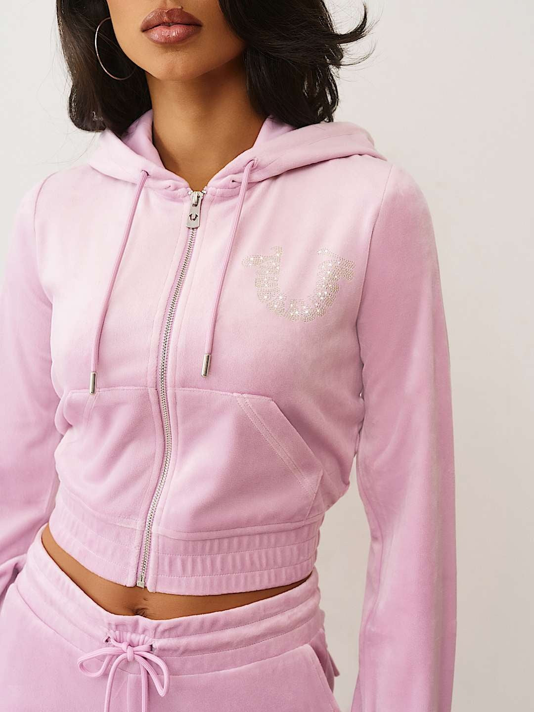 True Religion Hoodie Crystal Velour Zip Mauve Mist