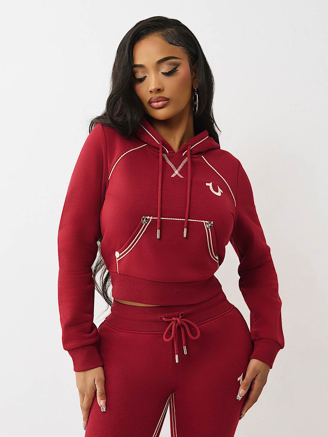 True Religion Hoodie Rope Stitch Shrunken Biking Red
