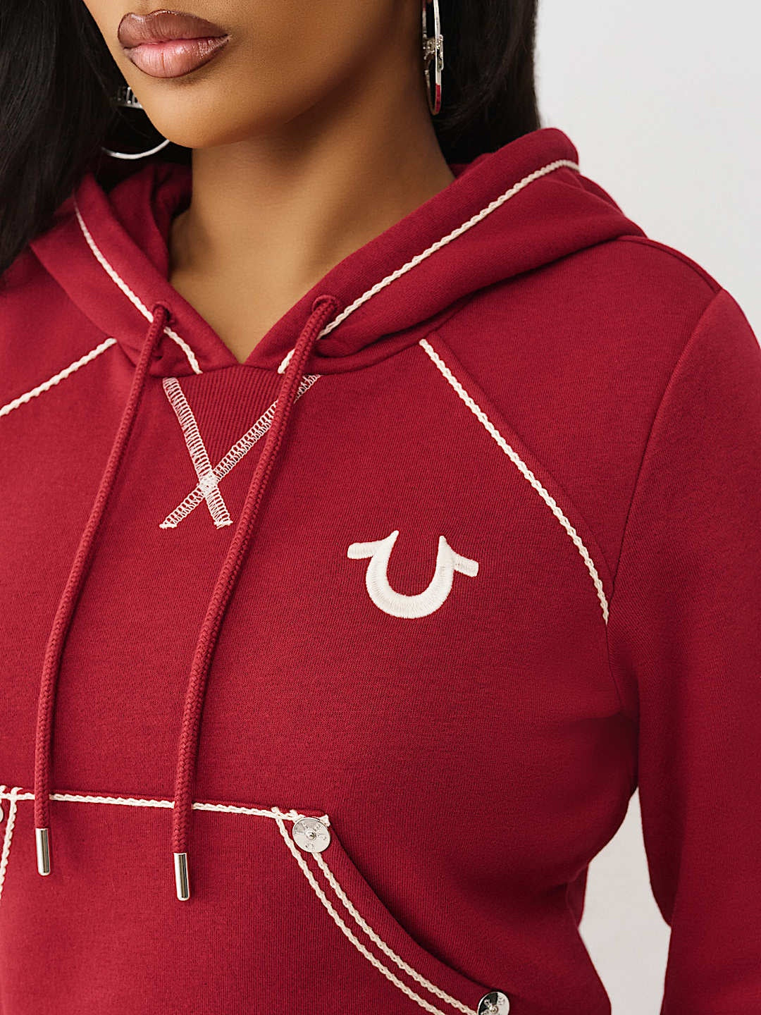 True Religion Hoodie Rope Stitch Shrunken Biking Red