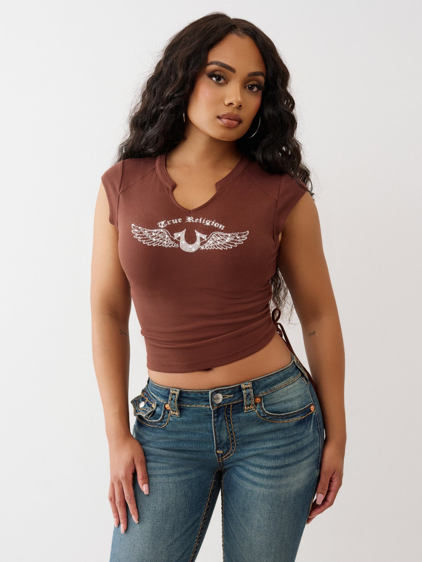 True Religion Crystal V Notch Side Ruch Top Rocky Road