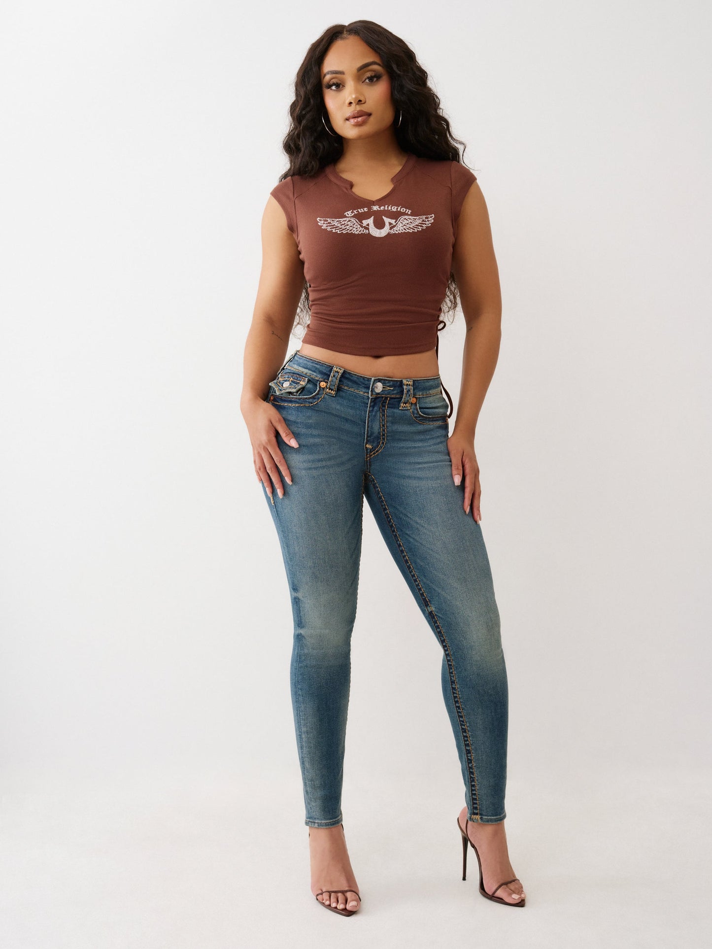 True Religion Crystal V Notch Side Ruch Top Rocky Road