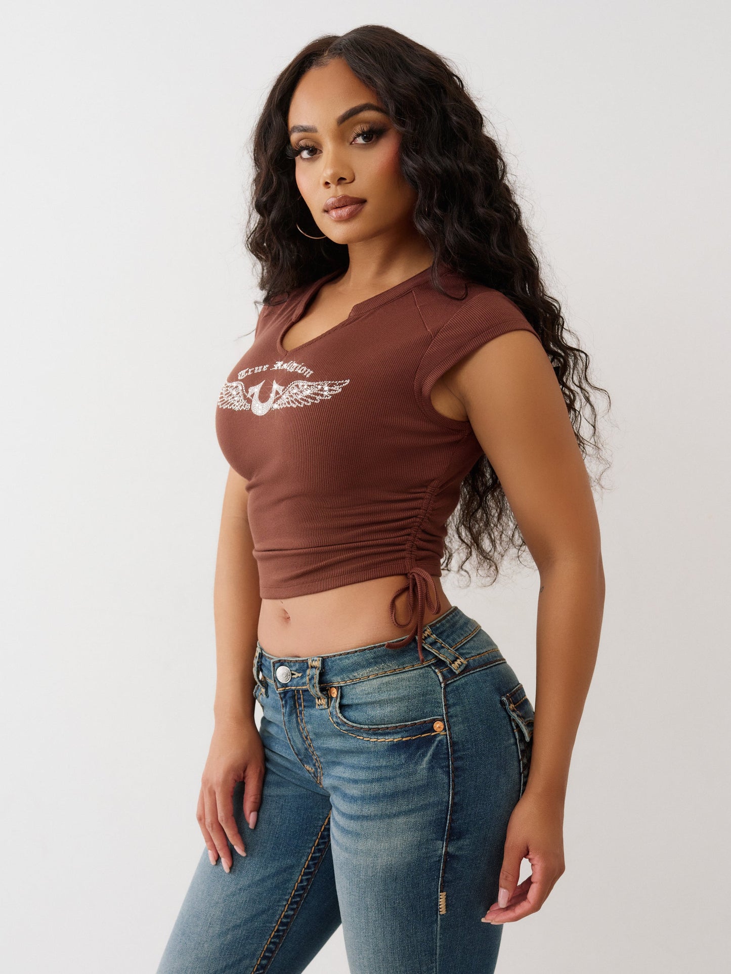 True Religion Crystal V Notch Side Ruch Top Rocky Road