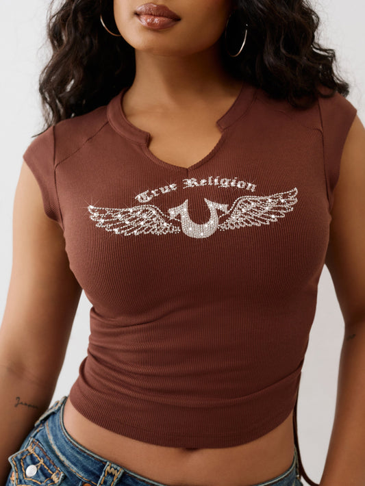 True Religion Crystal V Notch Side Ruch Top Rocky Road