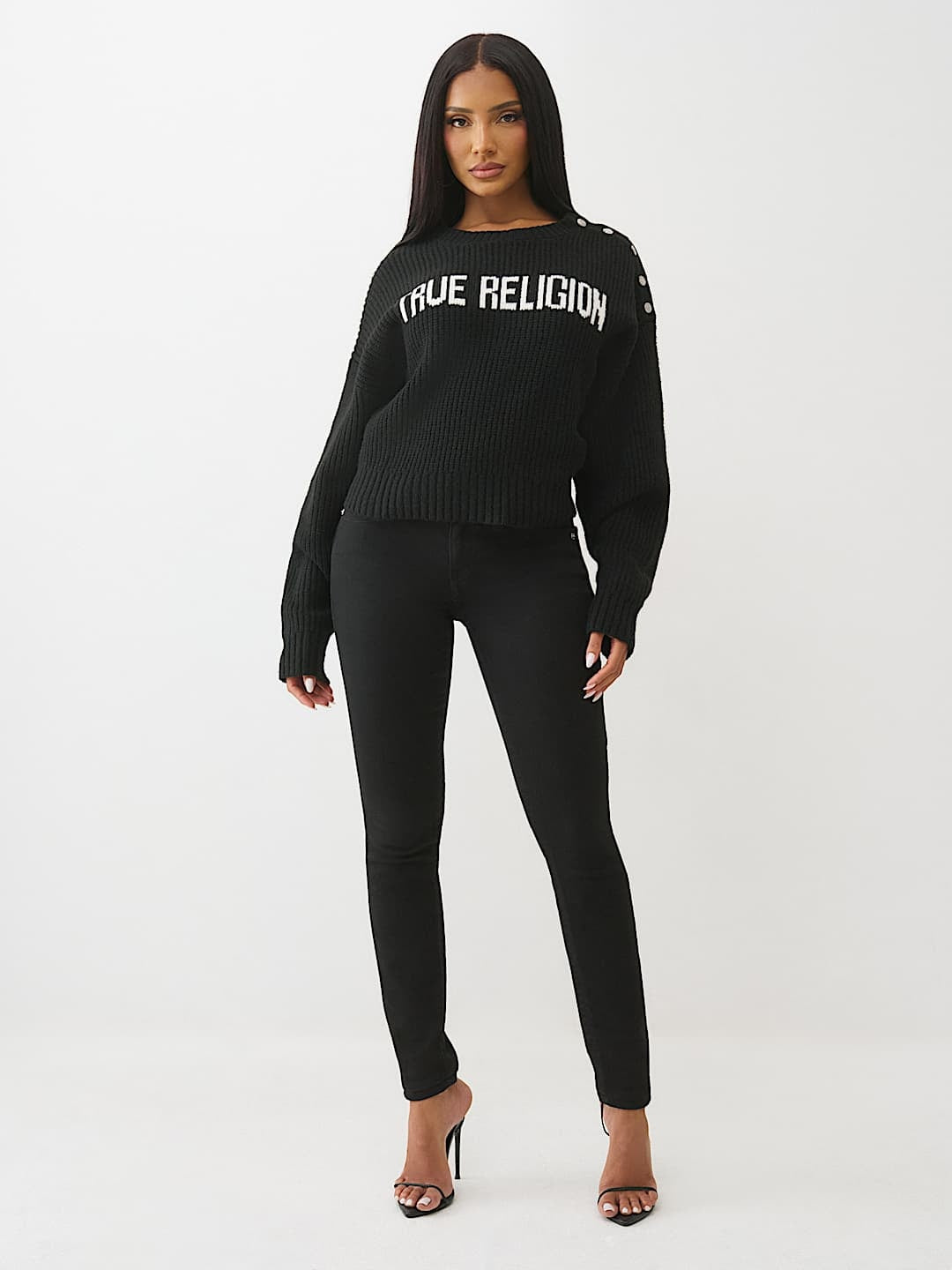 True Religion Sweater Logo Off Shoulder Jet Black