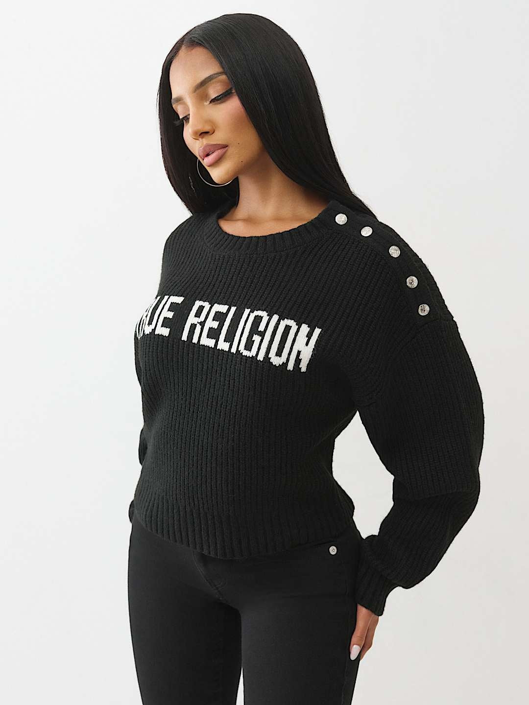 True Religion Sweater Logo Off Shoulder Jet Black