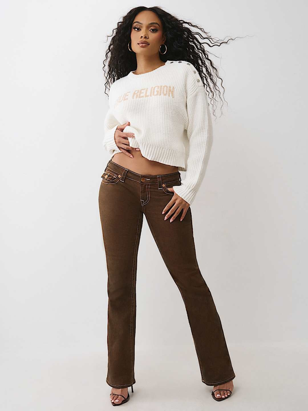 True Religion Sweater Logo Off Shoulder Winter White