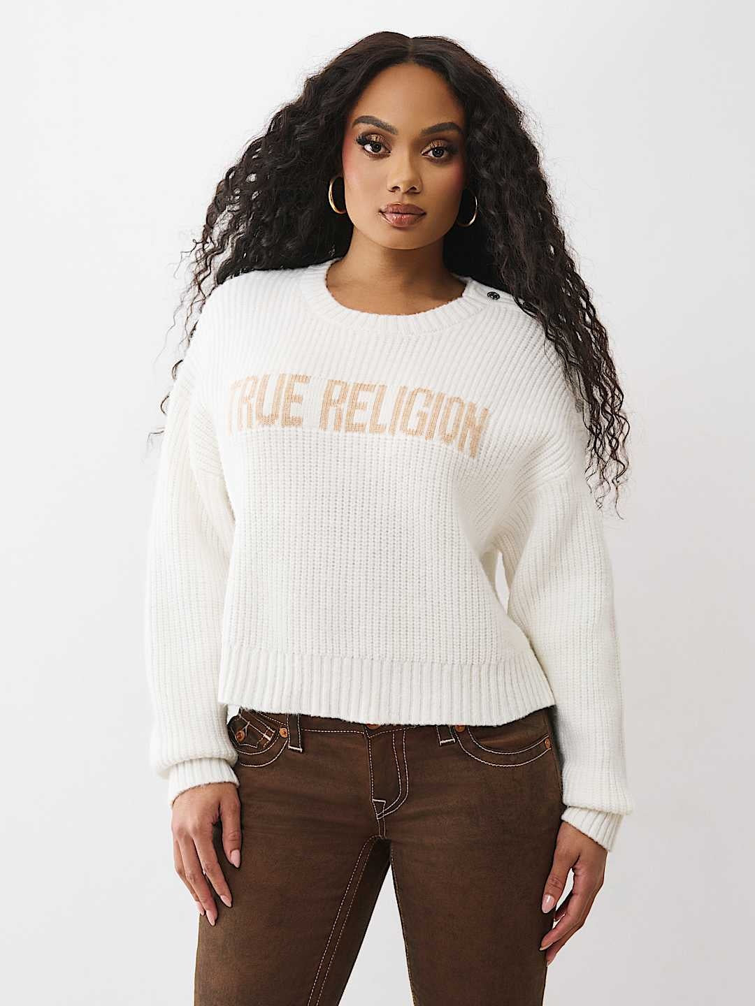 True Religion Sweater Logo Off Shoulder Winter White