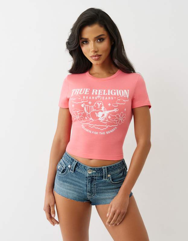 True Religion Crystal Buddha Baby Tee Sunkist Coral