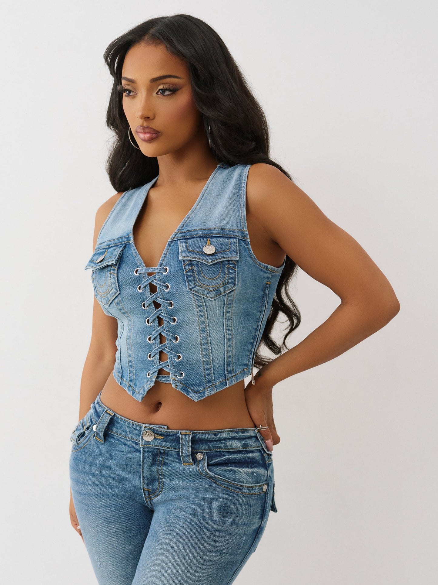 True Religion Top Lace Up Denim Melody Line
