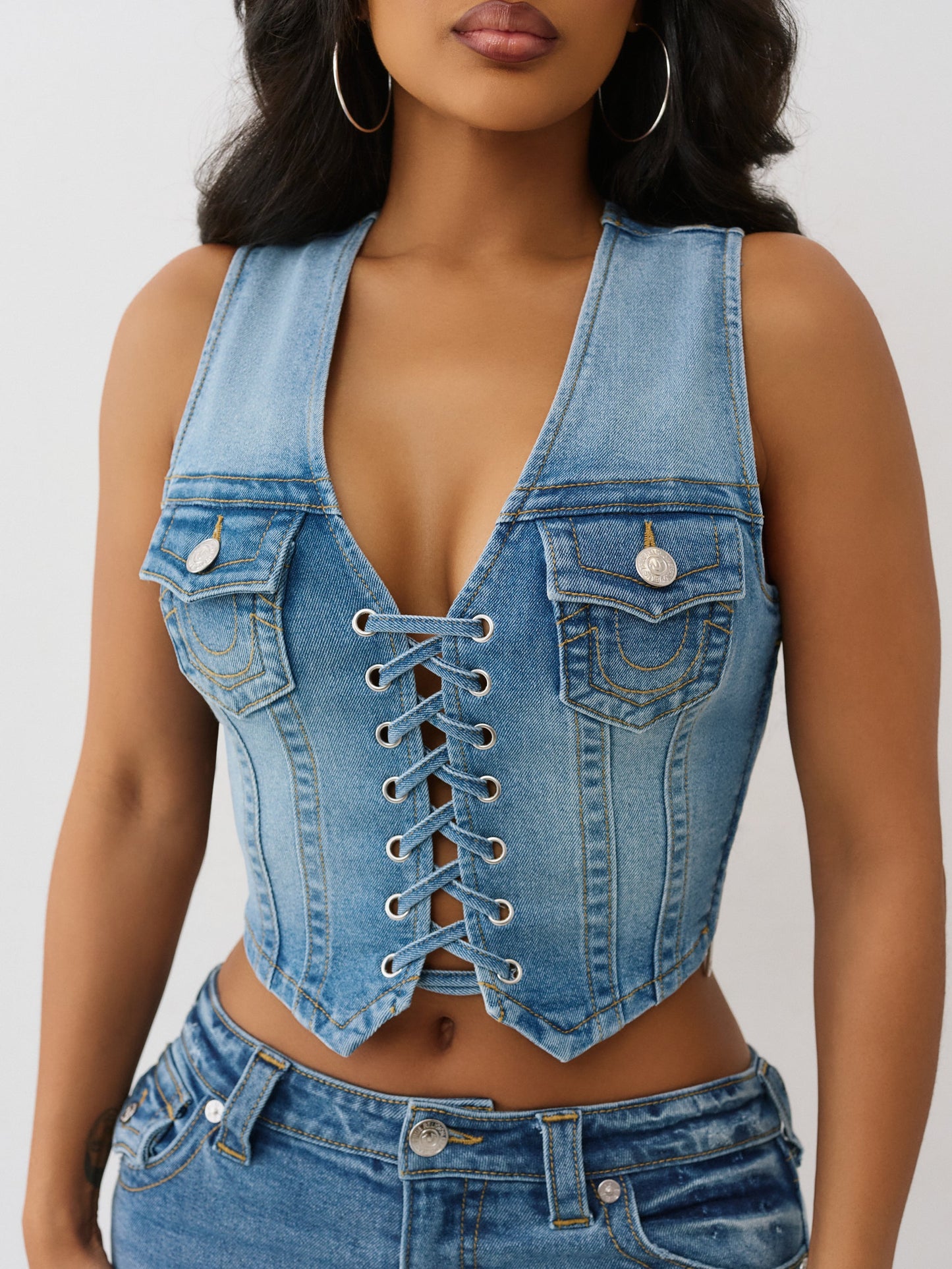 True Religion Top Lace Up Denim Melody Line