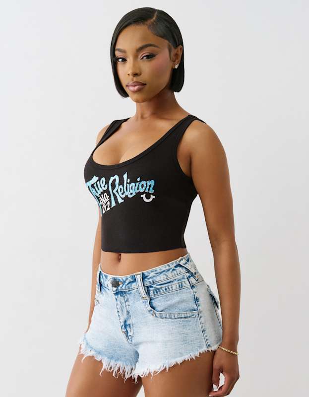 True Religion Crystal Rib Crop Tank Jet Black