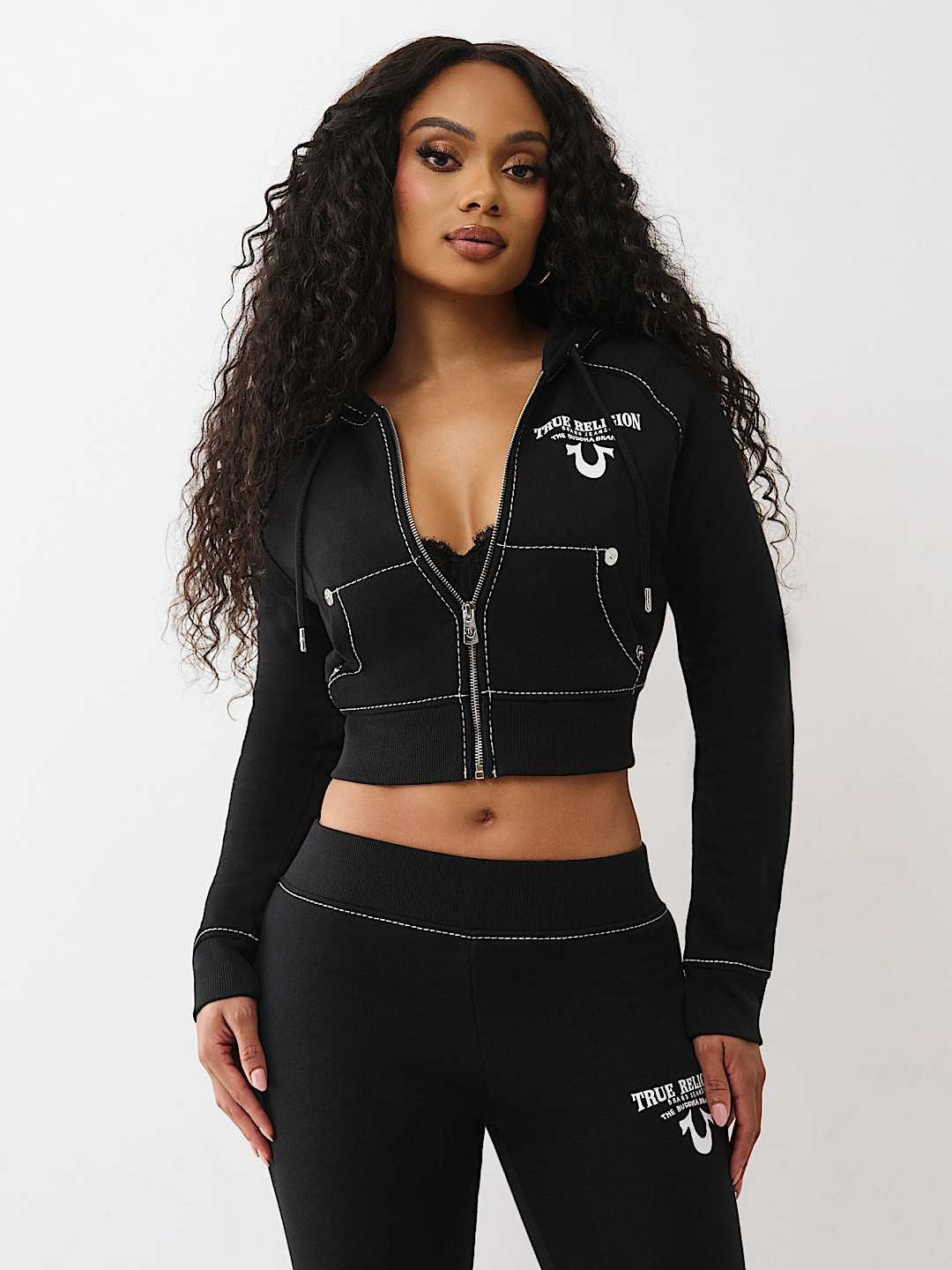 True Religion Hoodie Crystal Wing Shrunken Hood Jet Black