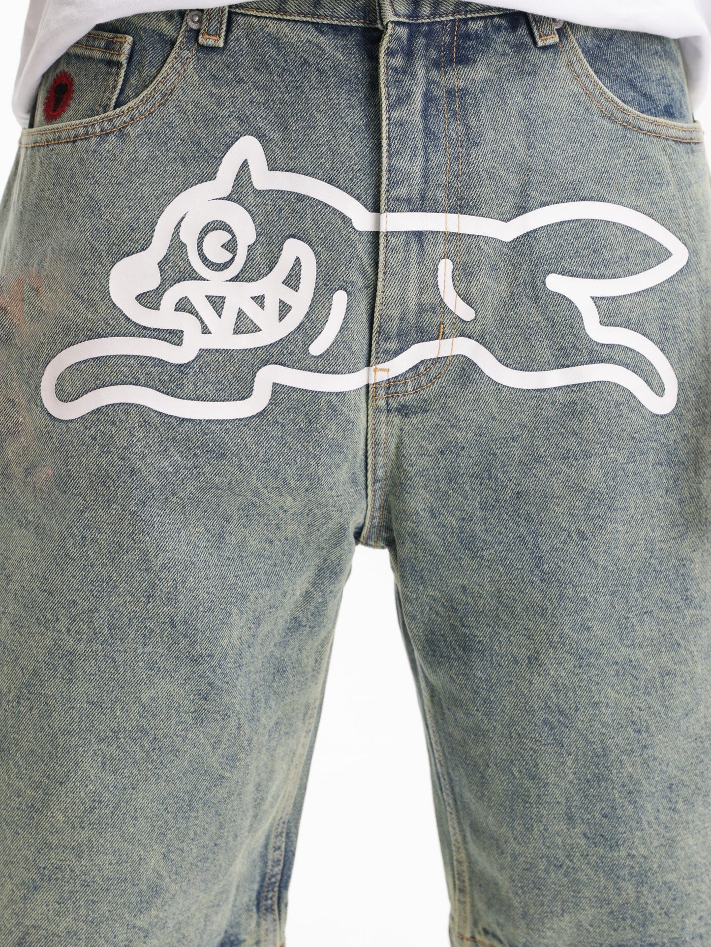 Ice-cream Shorts White Dog Logo Denim Vintage Wash