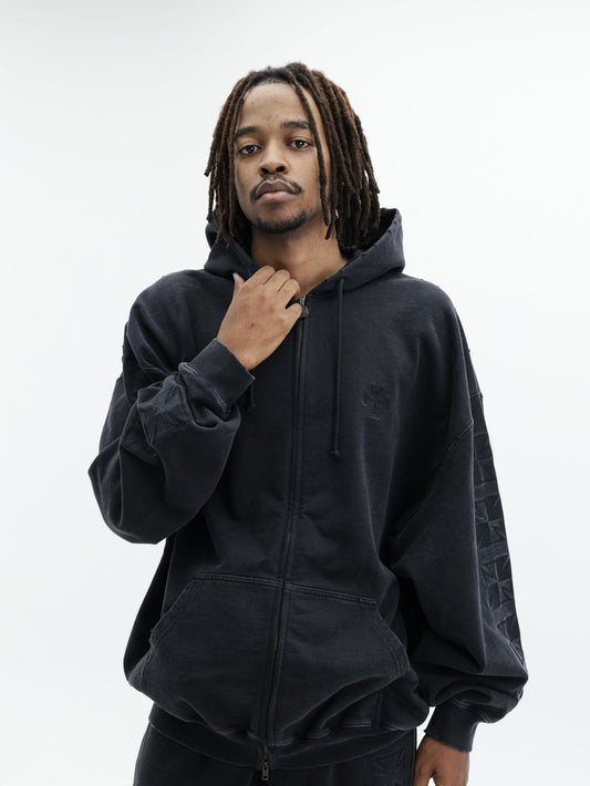 Vetements Hoodie Embroidered Biker Cross Sleeves Zip-Up Black