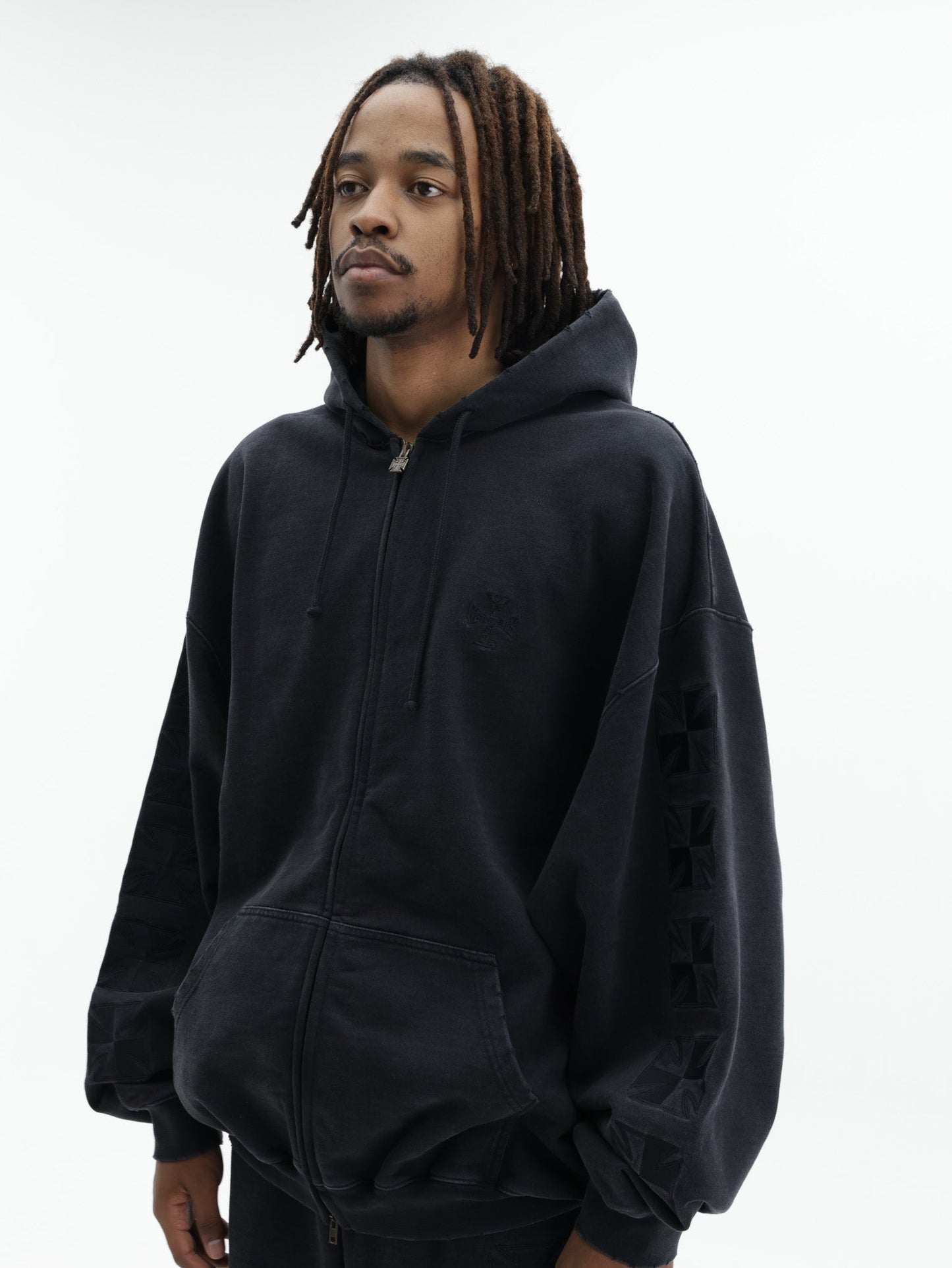 Vetements Hoodie Embroidered Biker Cross Sleeves Zip-Up Black
