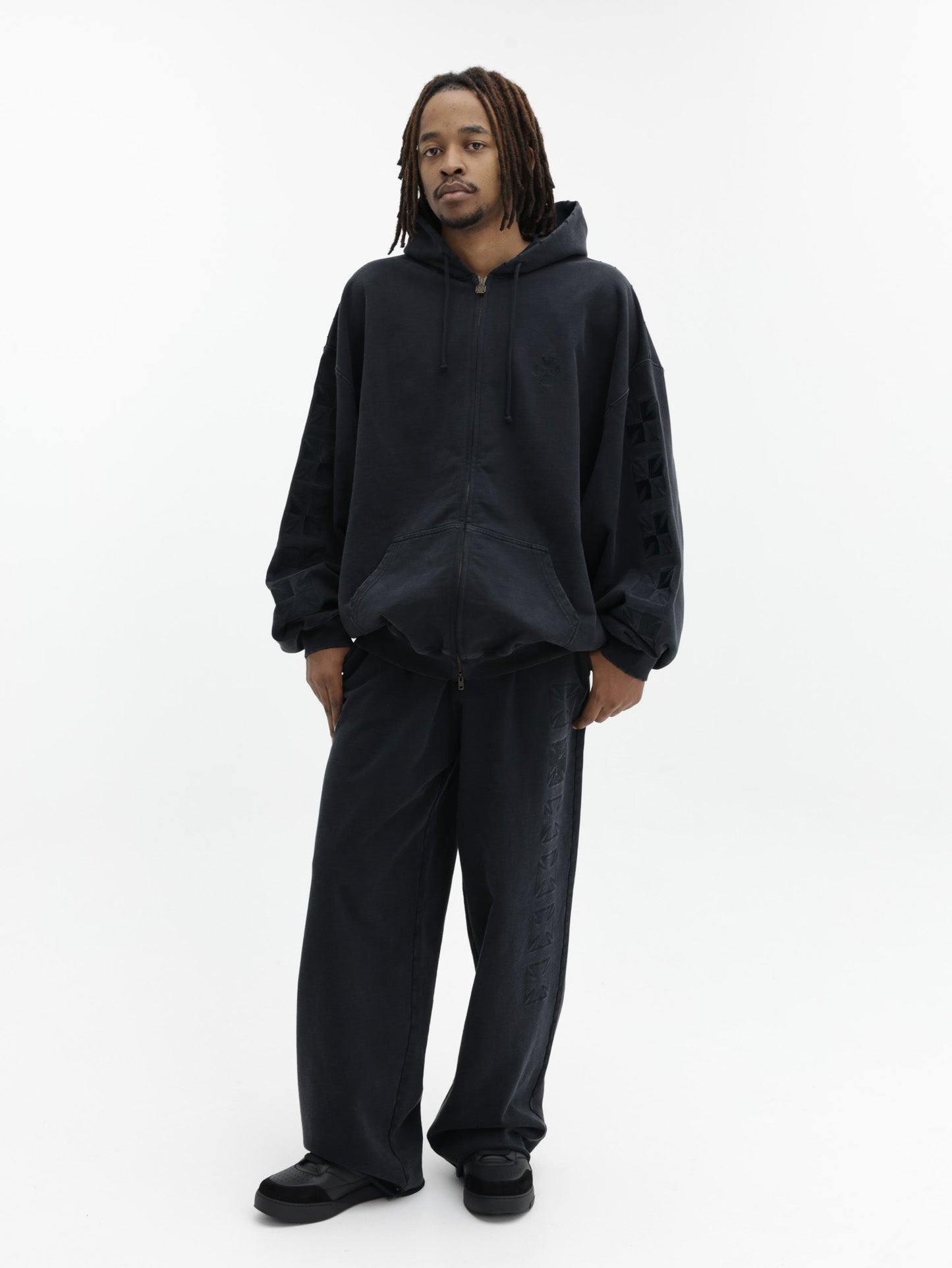 Vetements Track Pants Embroidered Biker Cross Stripe Washed-Out Black