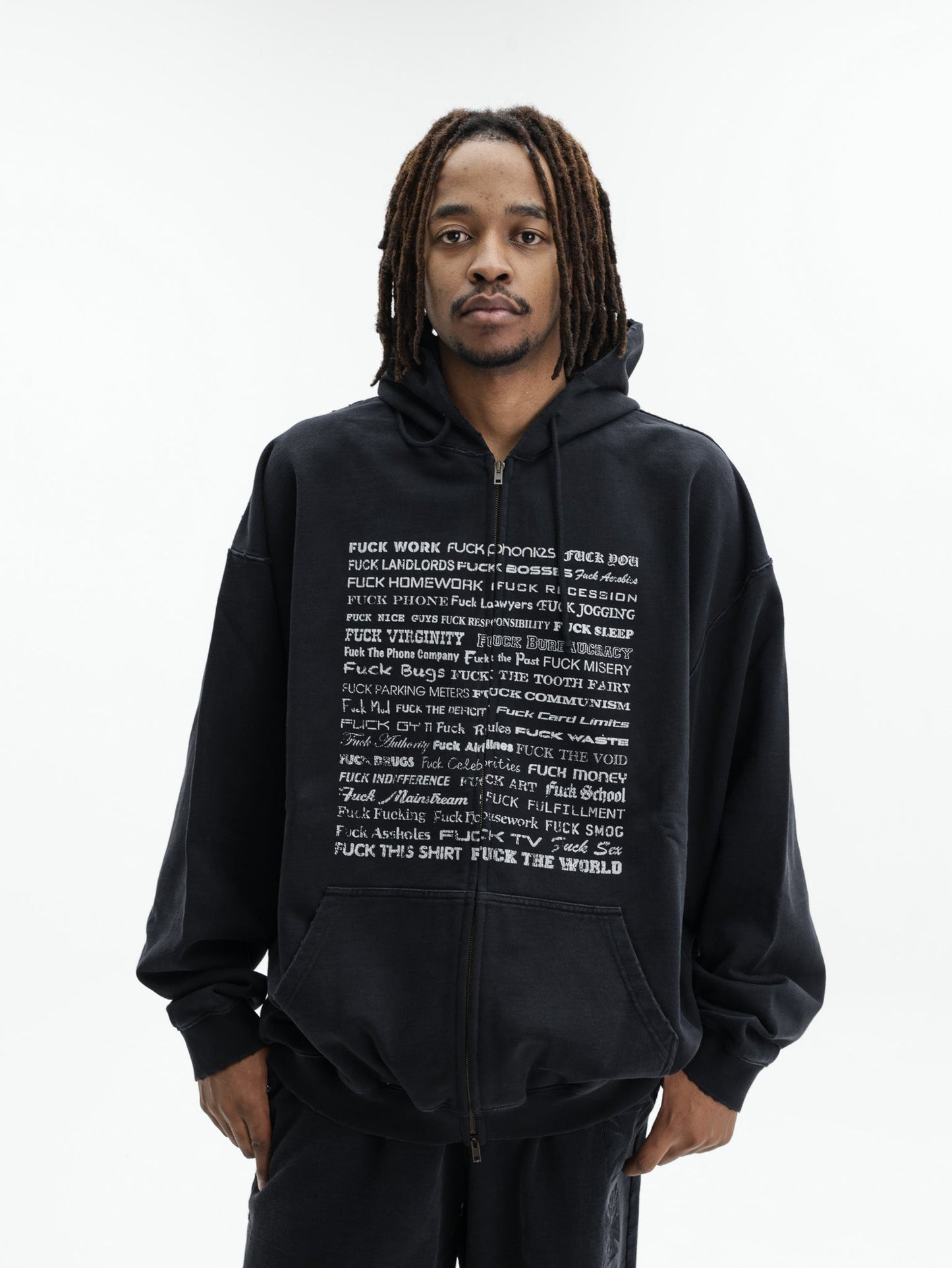Vetements Jacket Fuck Everything Zip-Up With Hood Washed-Out Black