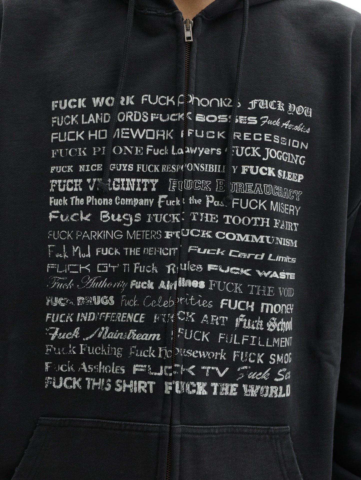 Vetements Jacket Fuck Everything Zip-Up With Hood Washed-Out Black