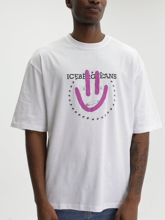 Iceberg Jeans T-Shirt Purple Smiley Print White