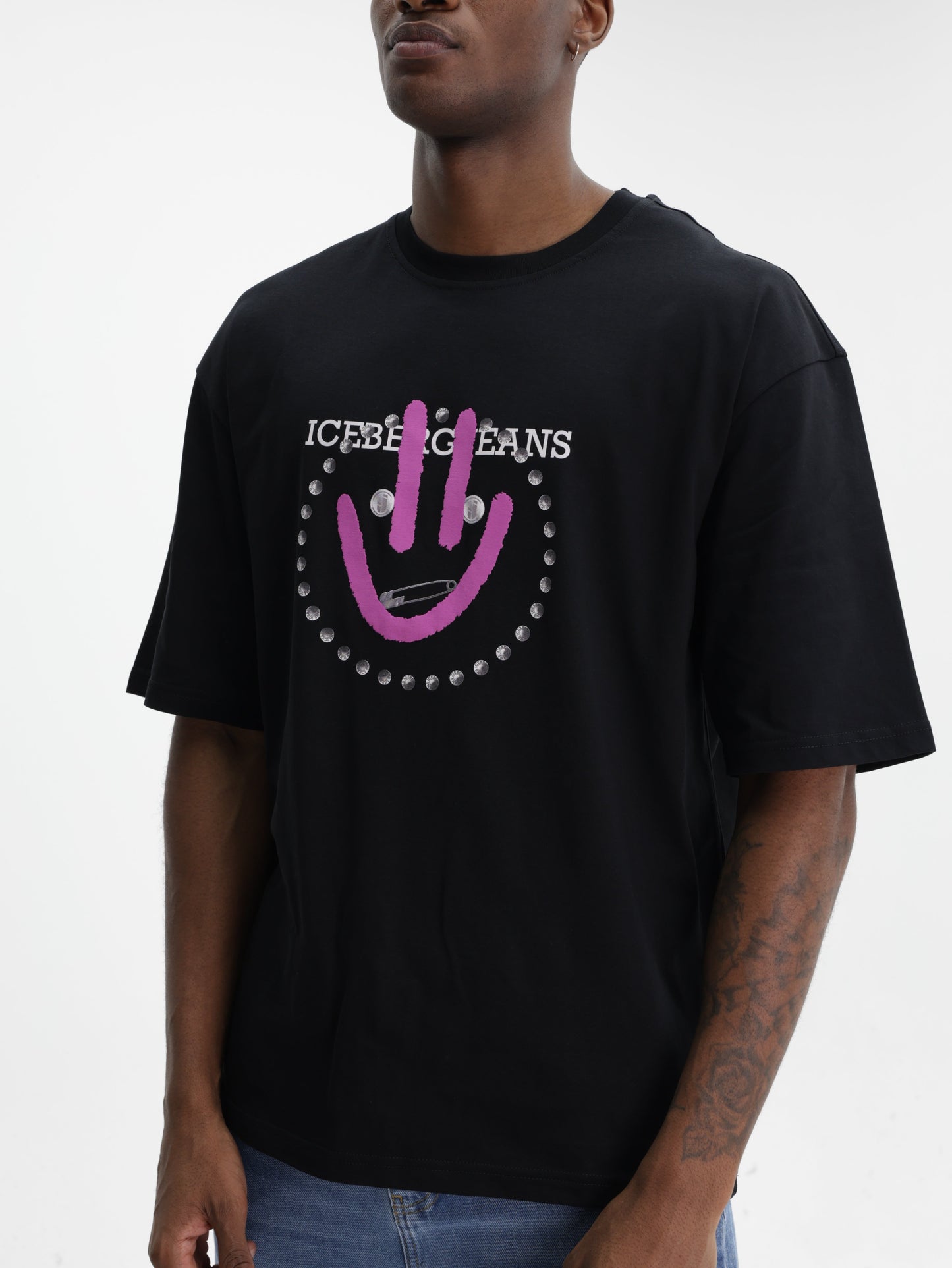 Iceberg Jeans T-Shirt Purple Smiley Print Black