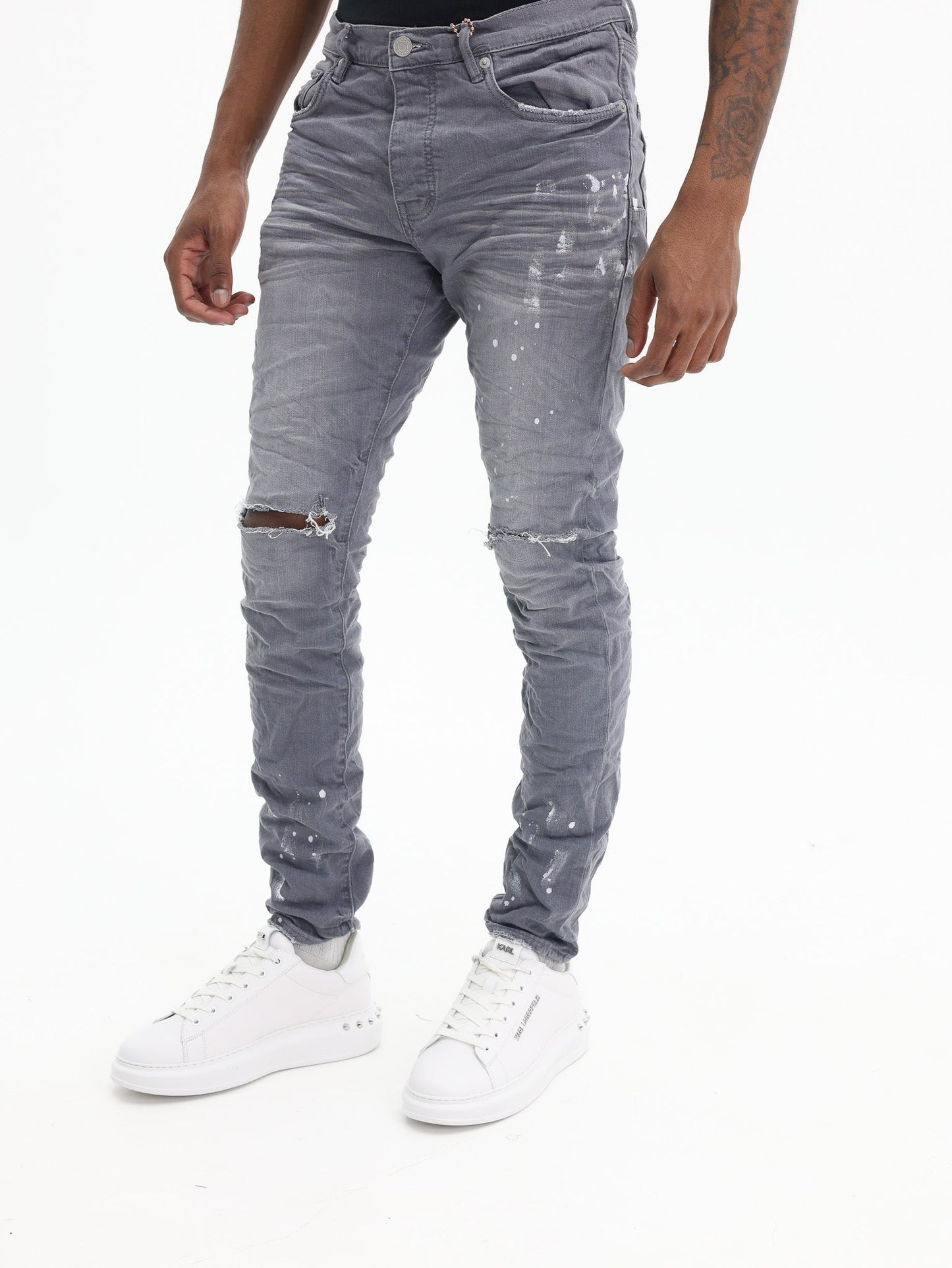 Purple Jeans Worn Knee Slit Grey