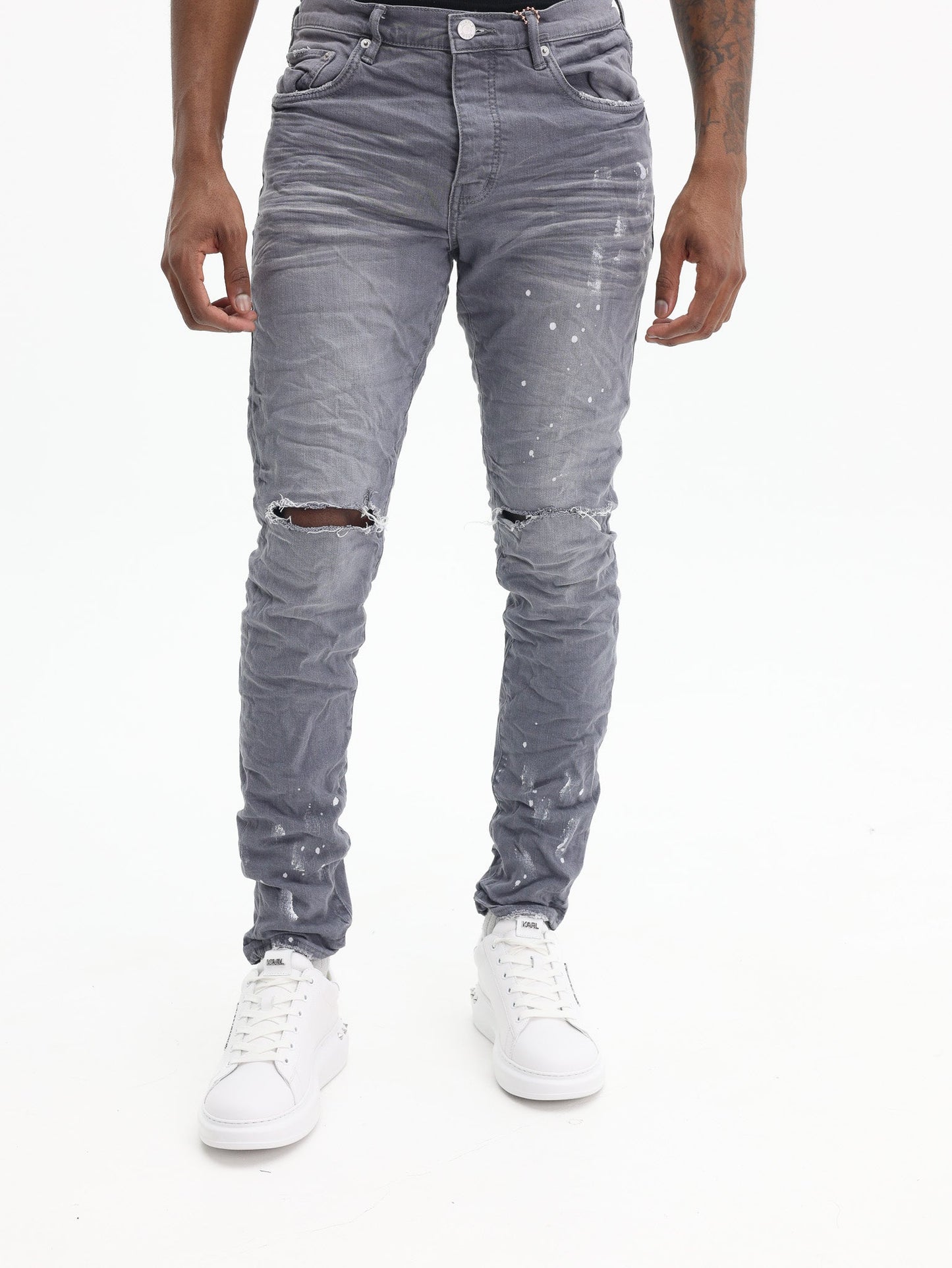 Purple Jeans Worn Knee Slit Grey
