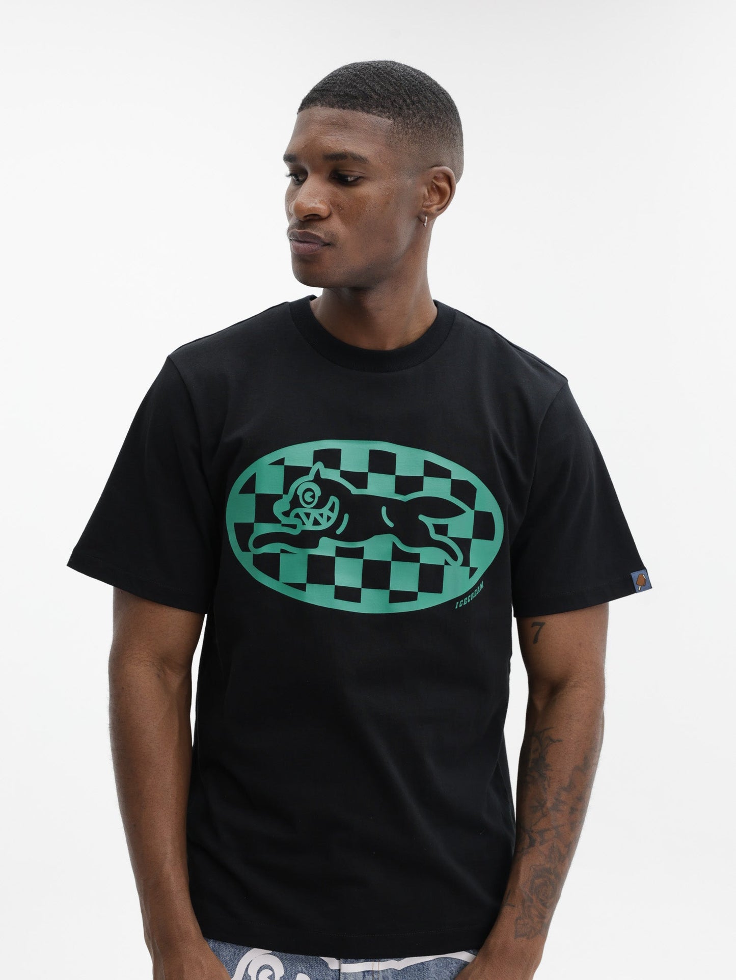 Ice Cream T-Shirt Checker Running Dog Black
