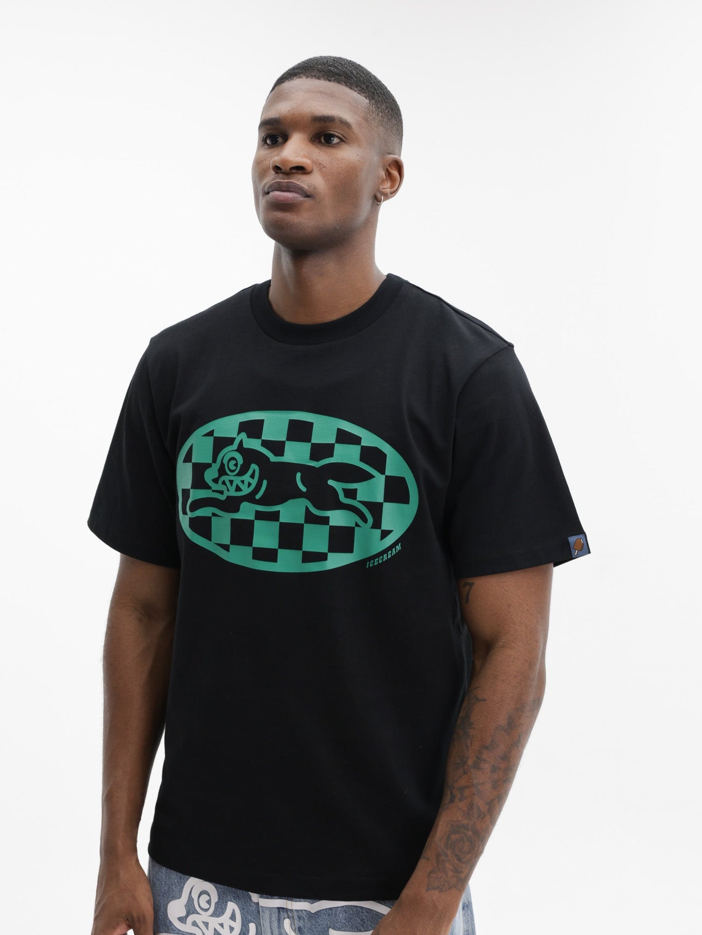Ice Cream T-Shirt Checker Running Dog Black
