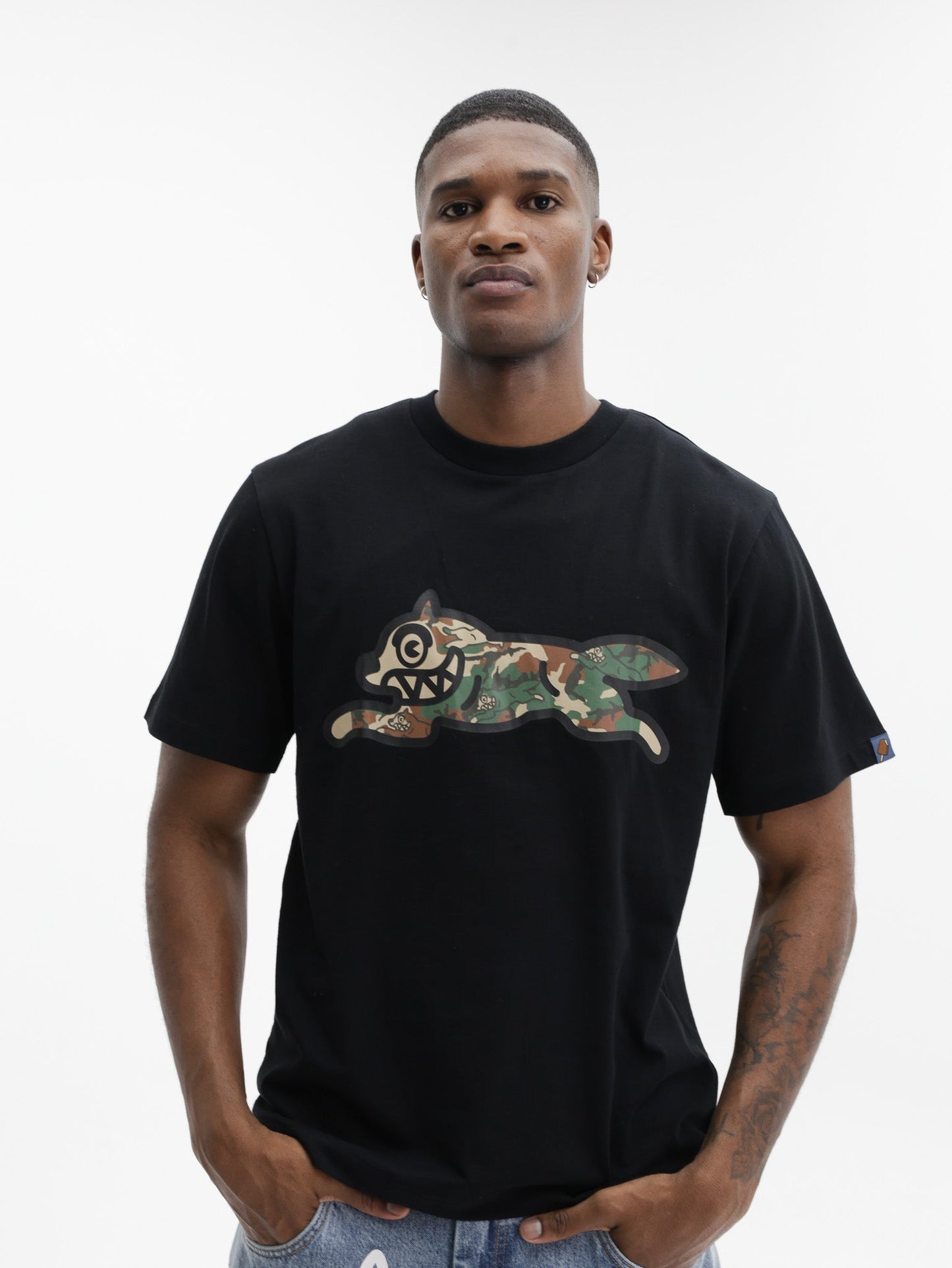 Ice Cream T-Shirts Woodland Camo Running Dog Black