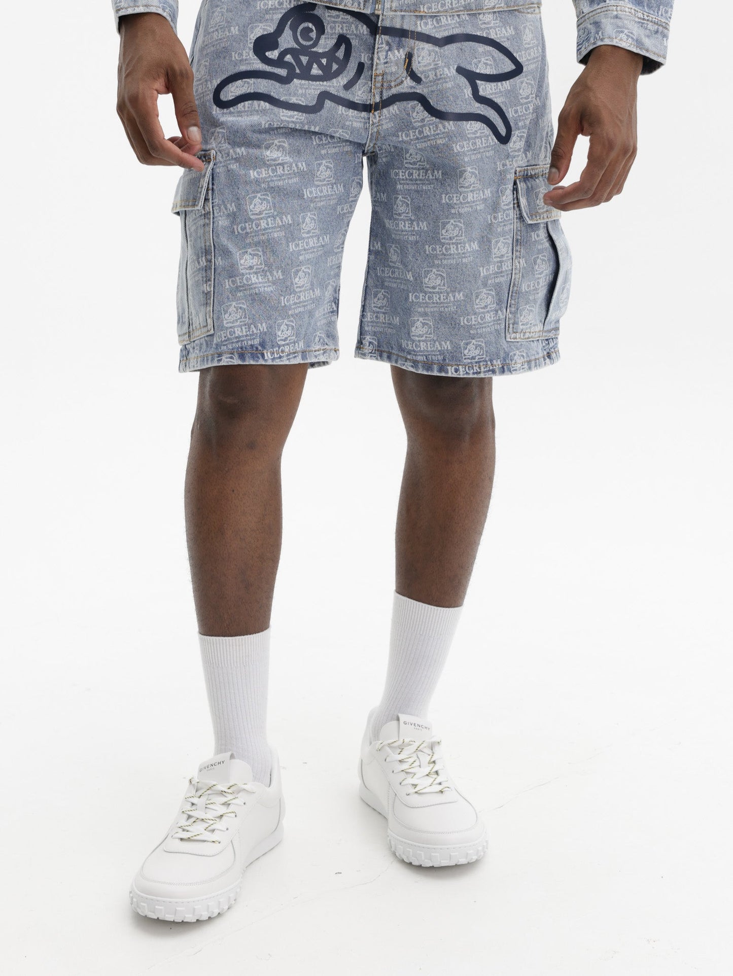 Ice Cream Shorts Repeat Print Denim Heavy Wash Blue