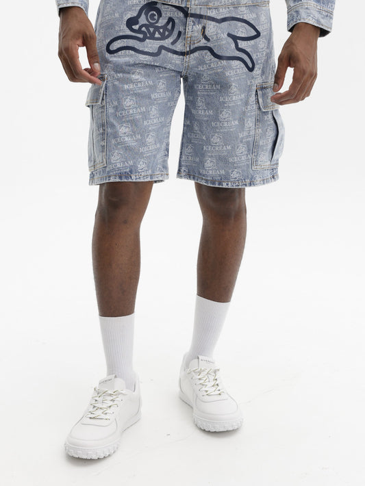 Ice Cream Shorts Repeat Print Denim Heavy Wash Blue