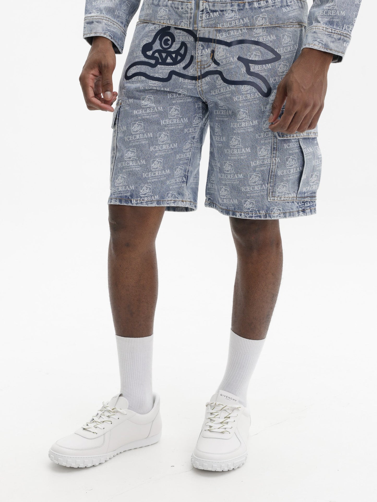 Ice Cream Shorts Repeat Print Denim Heavy Wash Blue