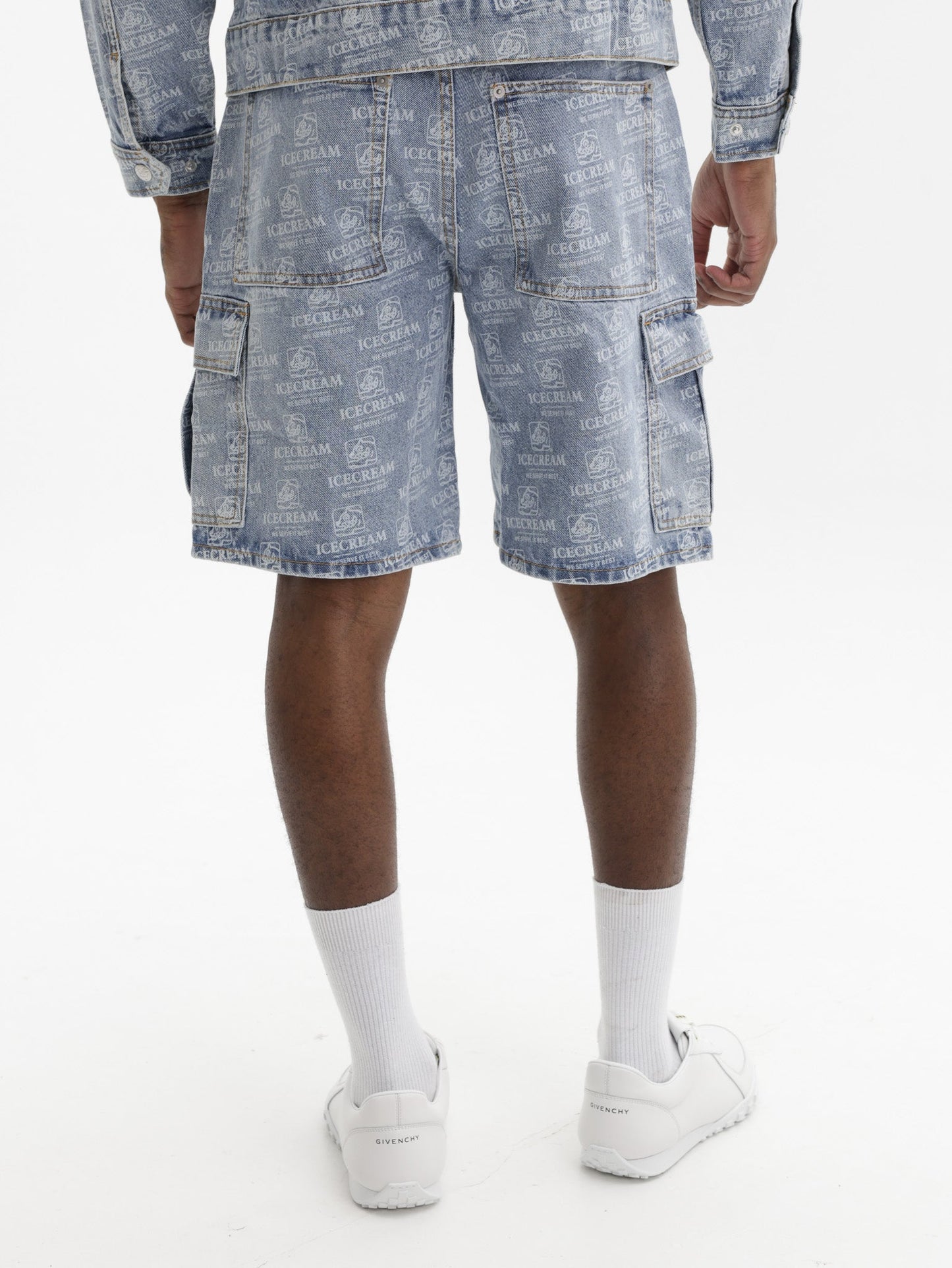 Ice Cream Shorts Repeat Print Denim Heavy Wash Blue