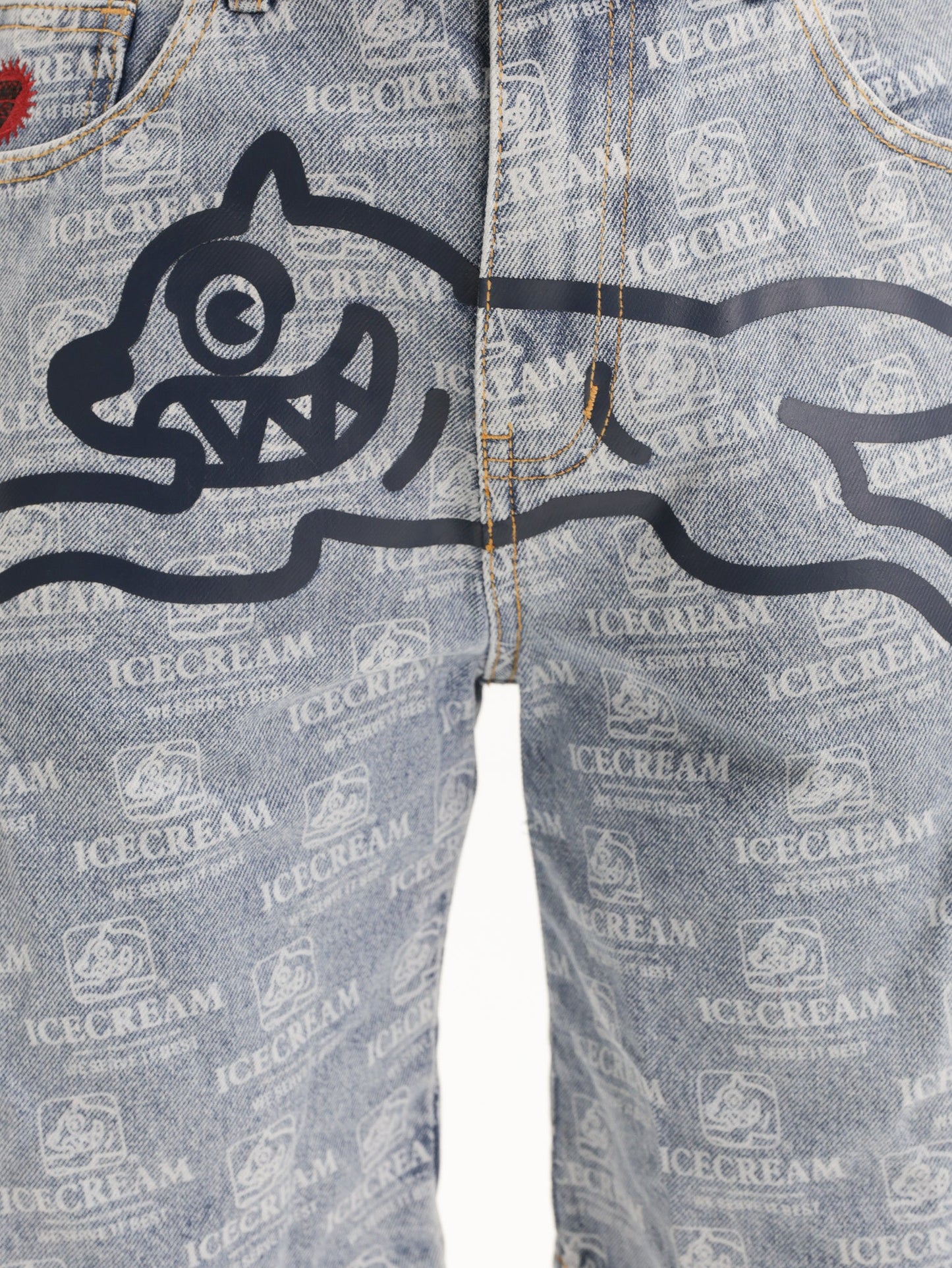Ice Cream Shorts Repeat Print Denim Heavy Wash Blue