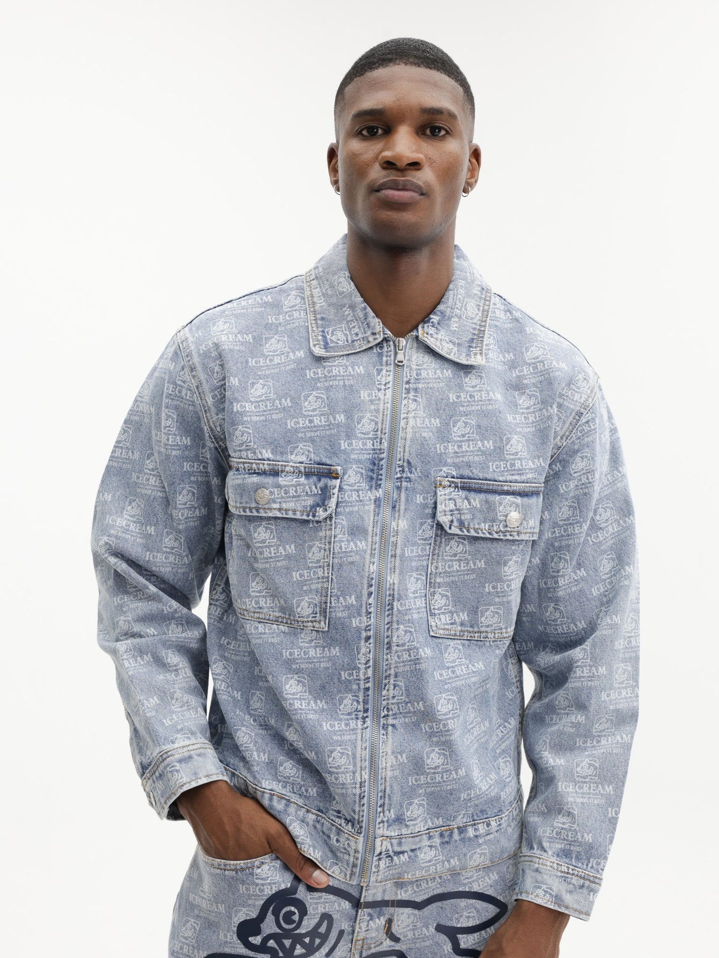 Ice Cream Jacket Repeat Print Denim Trucker Heavy Wash Blue