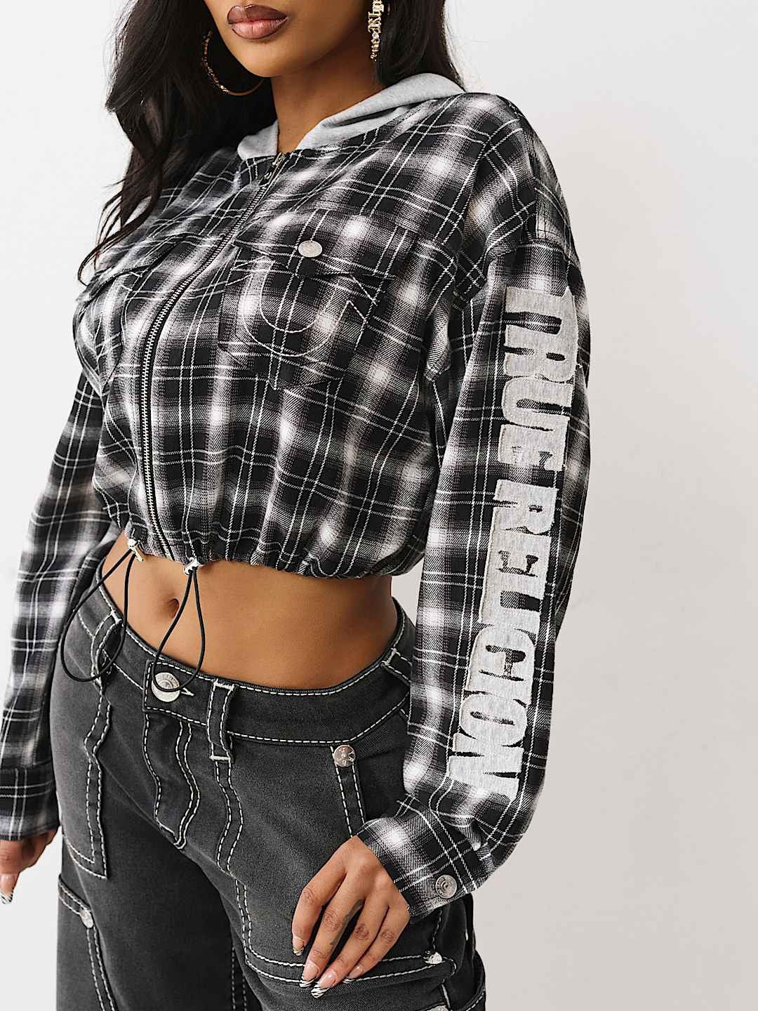 True Religion Hoodie Applique Shrunken Plaid Black / White Plaid