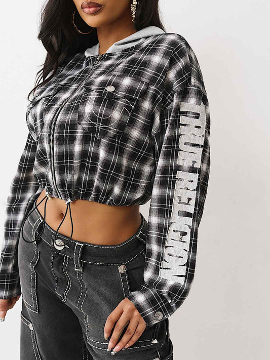 True Religion Hoodie Applique Shrunken Plaid Black / White Plaid