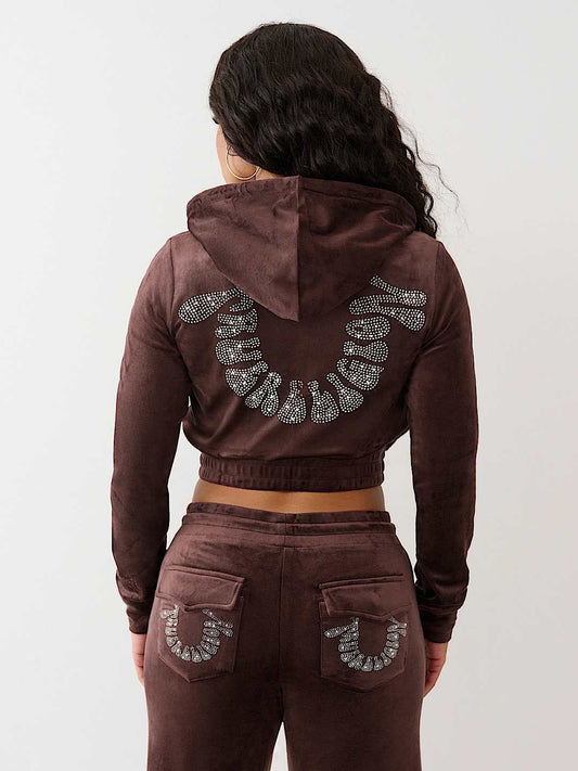True Religion Hoodie Crystal Velour Zip Fudge