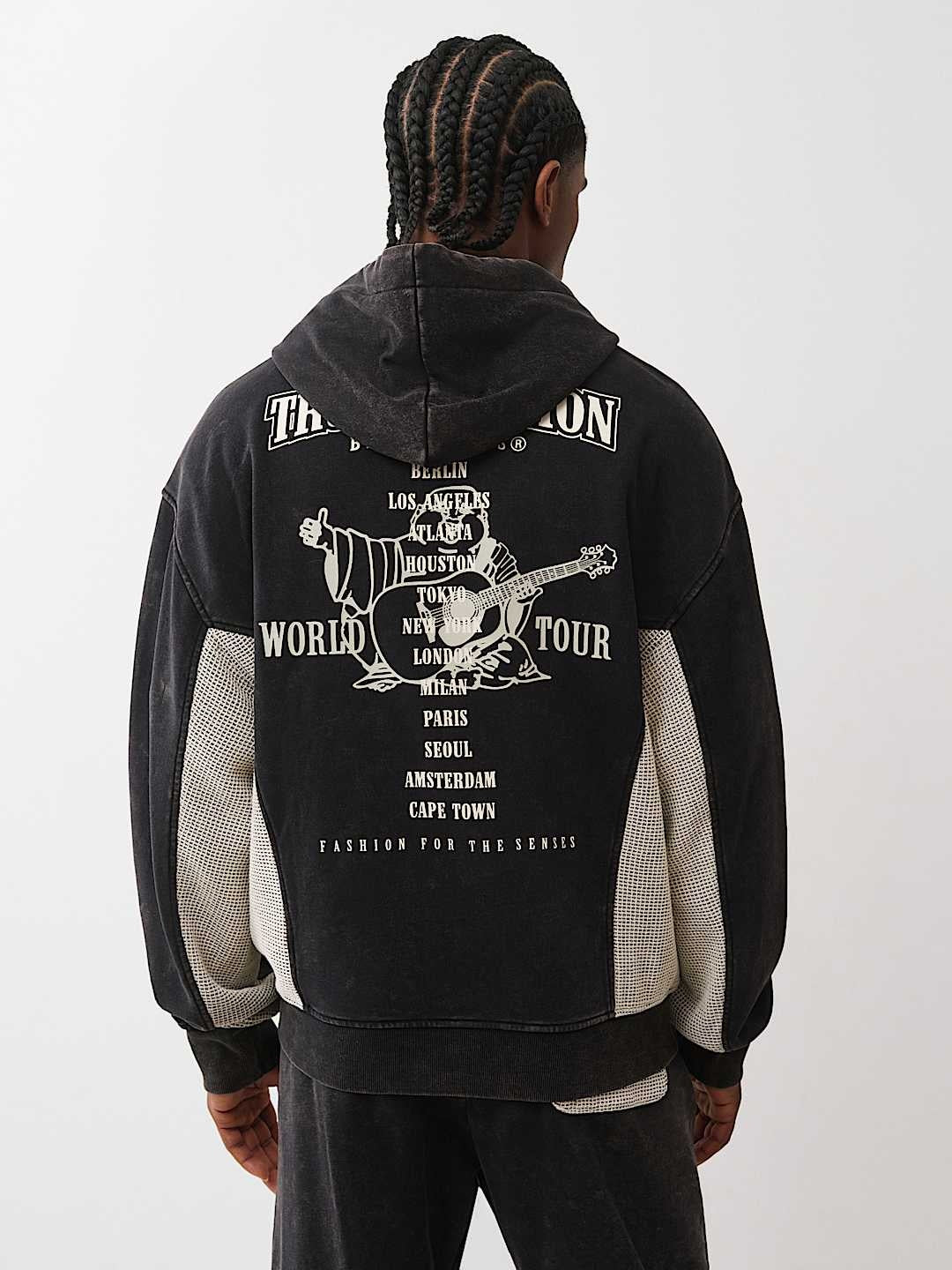 True Religion Hoodie Mesh Inset Rust Cinched Up Jet Black