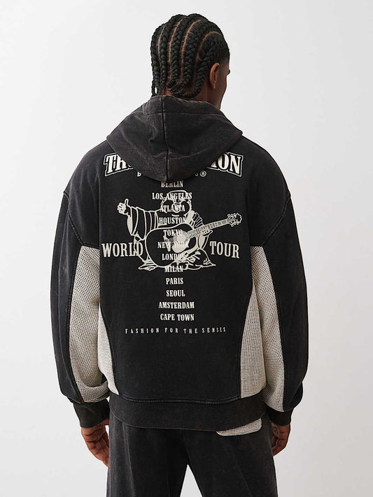 True Religion Hoodie Mesh Inset Rust Cinched Up Jet Black