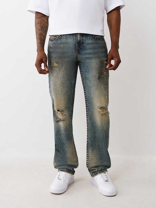 True Religion Jeans Ricky Big T Flap 34in Warm Sand Med Wash With Rips
