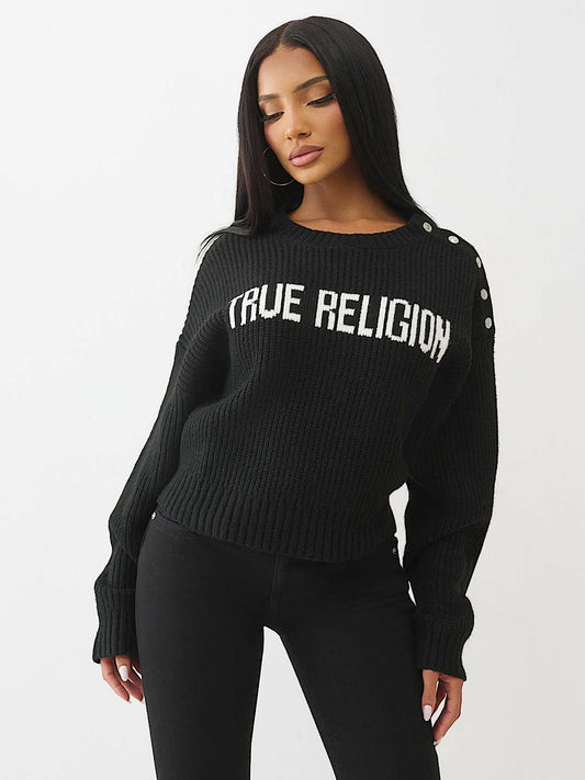 True Religion Sweater Logo Off Shoulder Jet Black