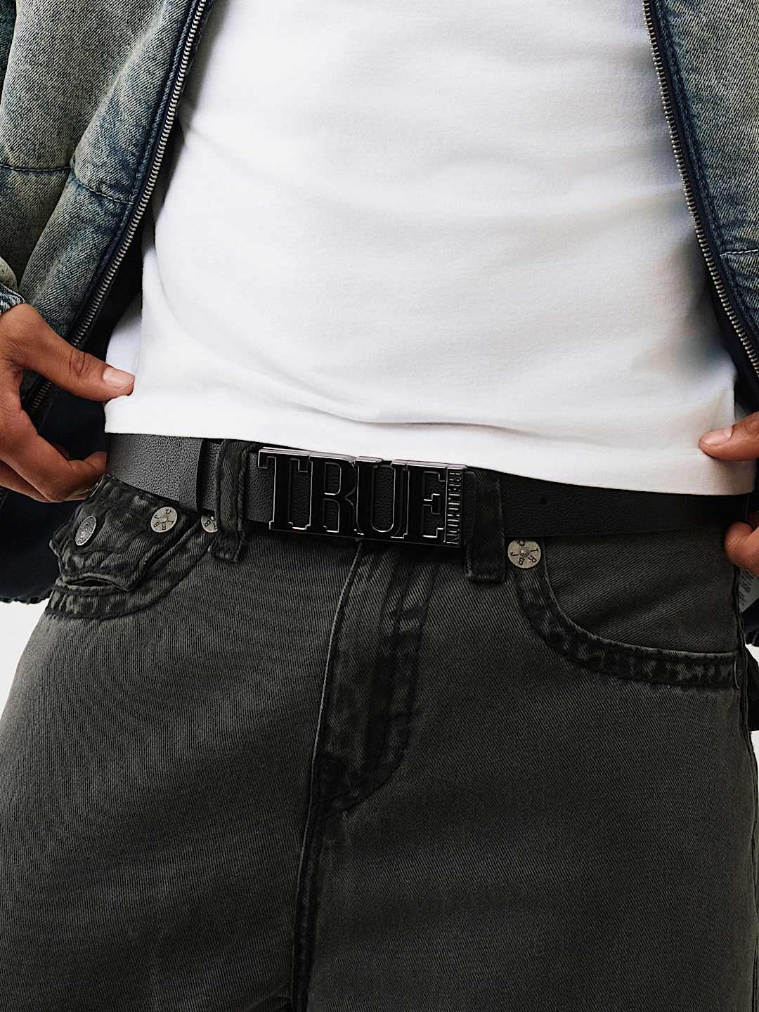 True Religion Logo Buckle Belt Jet Black