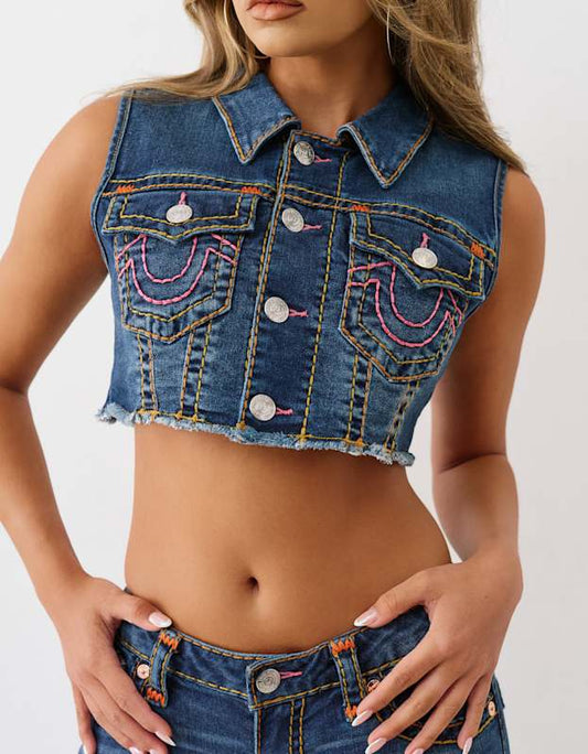 True Religion Denim Cropped Vest Sup T Twilight Teal